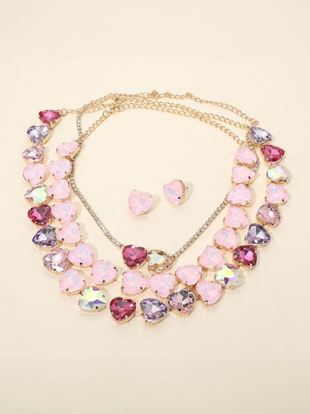 Pink Ab crystal evening stone heart statement rhinestone beaded necklace set